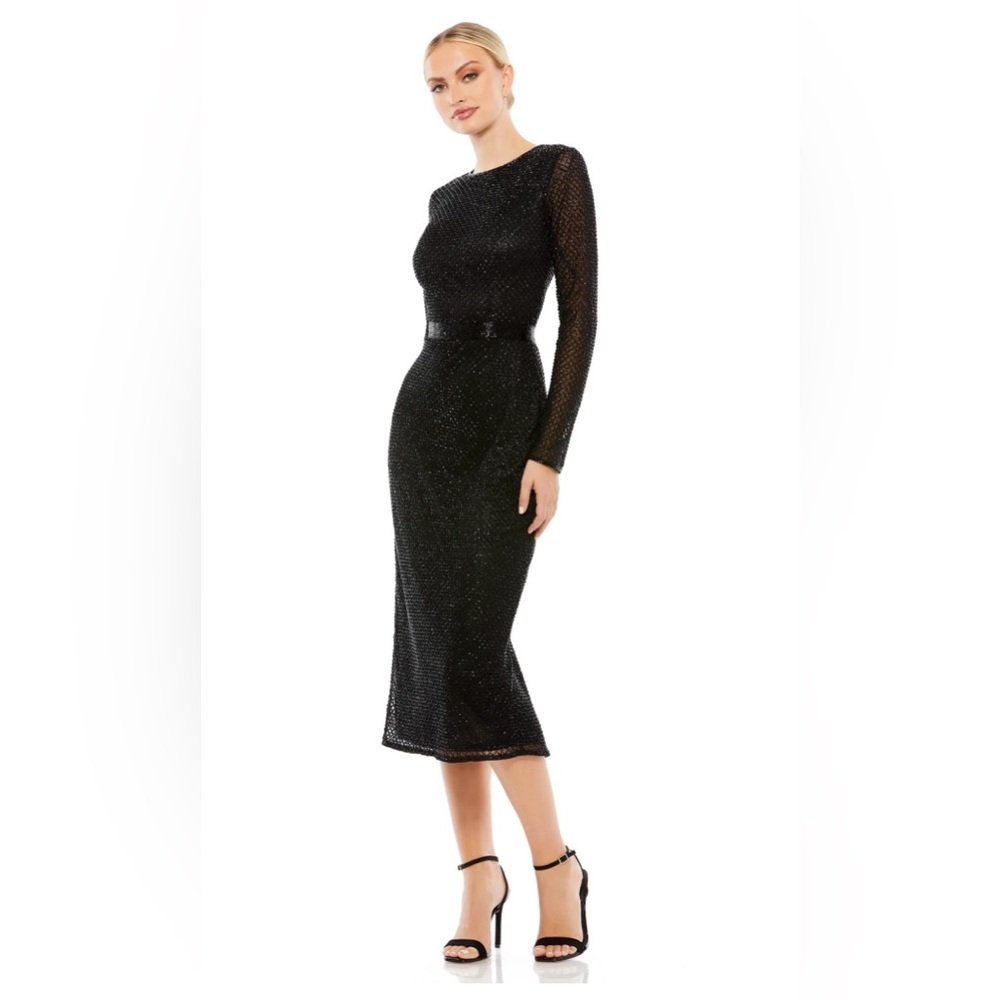Mac Duggal Midi Dress Womens 12 Black Sequins Wedding Modest Gala Feminine Chic